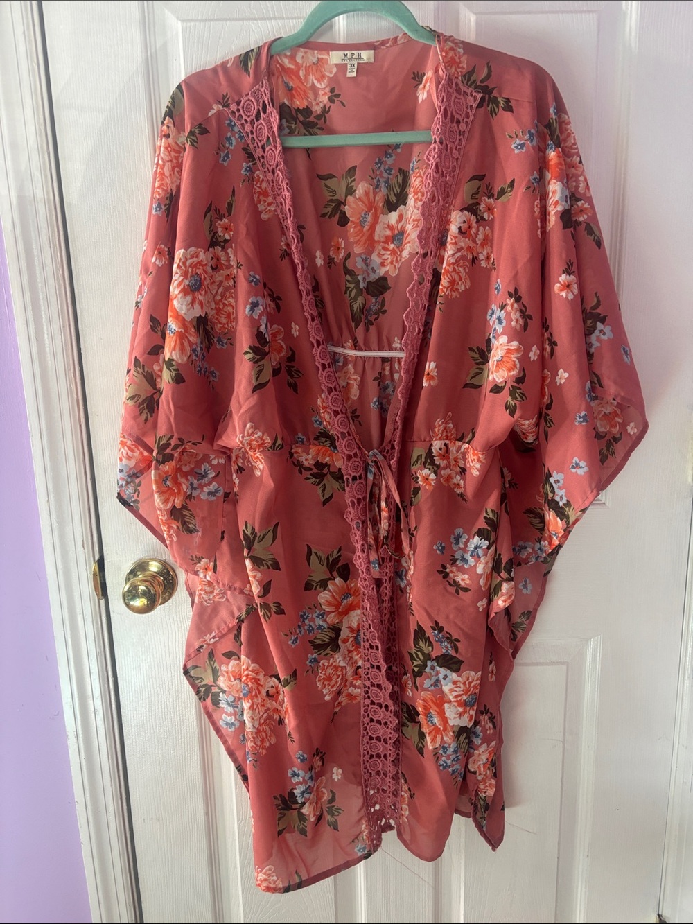 Floral Lace-Trim Kimono peach Cover-Up  (3X)